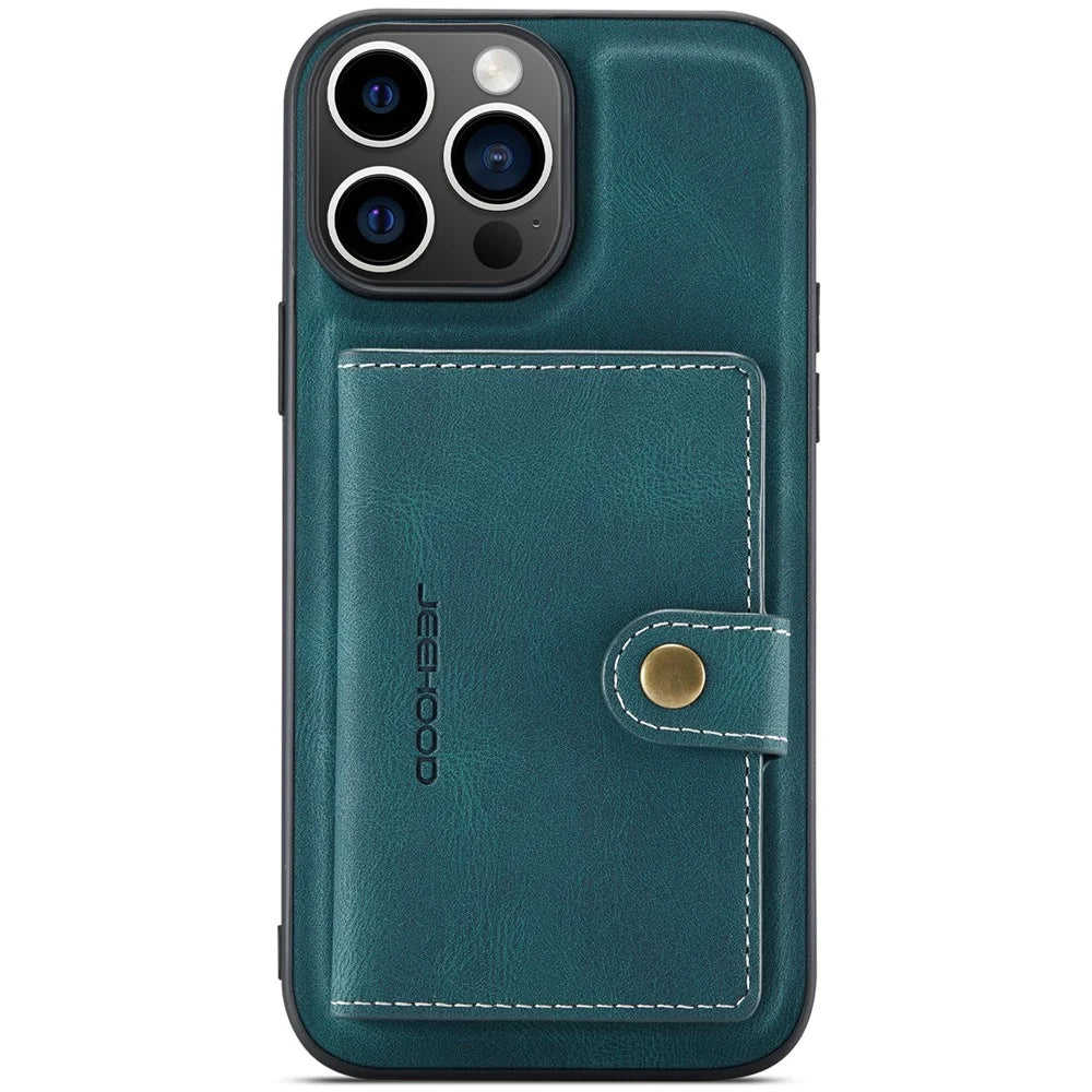 JEEHOOD J01 For iPhone 16 Pro Case Retro Leather + TPU Phone Cover Detachable Magnetic Card Holder - Blue - 4