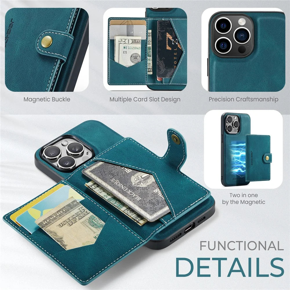JEEHOOD J01 For iPhone 16 Pro Case Retro Leather + TPU Phone Cover Detachable Magnetic Card Holder - Blue - 5