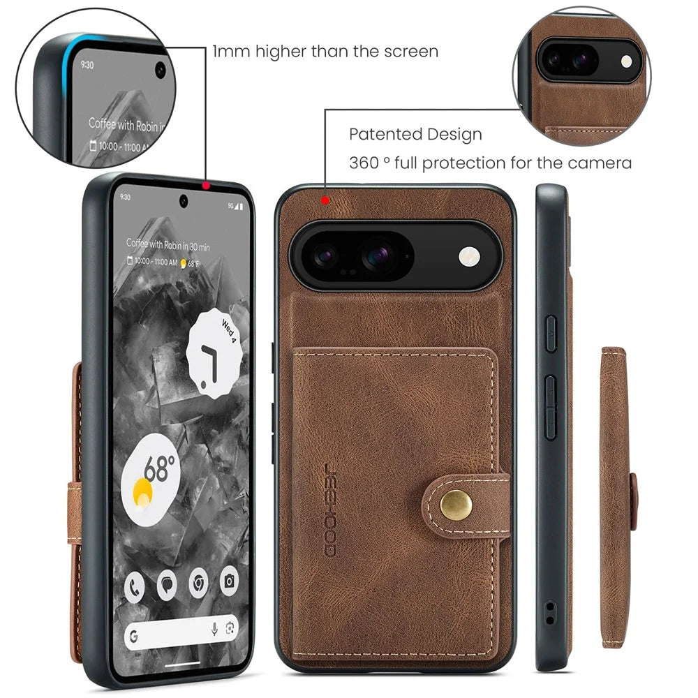 JEEHOOD J01 For Google Pixel 9 / Pixel 9 Pro Case Retro Leather + TPU Phone Cover Detachable Magnetic Card Holder - Brown - 6