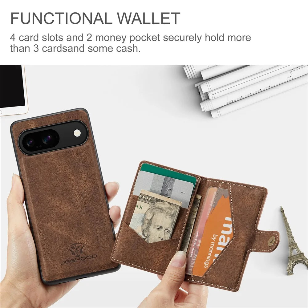 JEEHOOD J01 For Google Pixel 9 / Pixel 9 Pro Case Retro Leather + TPU Phone Cover Detachable Magnetic Card Holder - Brown - 7