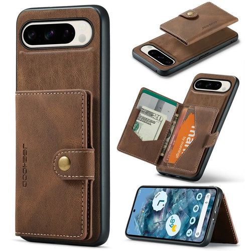 JEEHOOD J01 For Google Pixel 9 Pro XL Case Retro Leather + TPU Phone Cover Detachable Magnetic Card Holder - Brown - 1