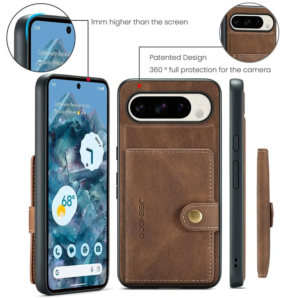 JEEHOOD J01 For Google Pixel 9 Pro XL Case Retro Leather + TPU Phone Cover Detachable Magnetic Card Holder - Brown - 6