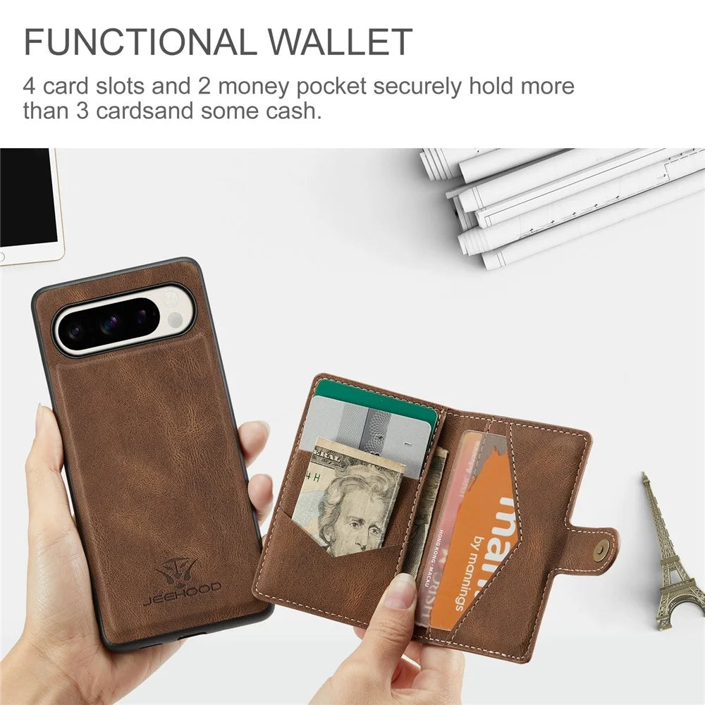 JEEHOOD J01 For Google Pixel 9 Pro XL Case Retro Leather + TPU Phone Cover Detachable Magnetic Card Holder - Brown - 7