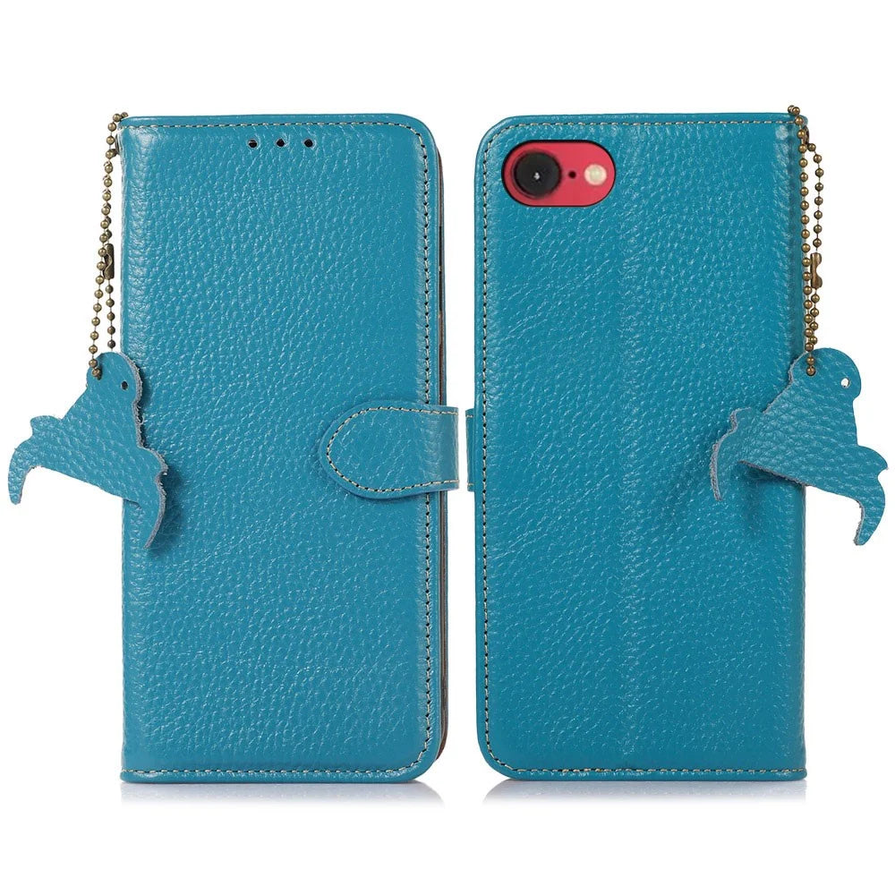 For iPhone 17e / 16e Case RFID Blocking Litchi Texture Genuine Cow Leather Phone Cover - Blue - 1