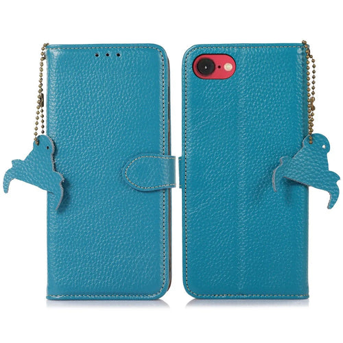 For iPhone 17e / 16e Case RFID Blocking Litchi Texture Genuine Cow Leather Phone Cover - Blue - 1