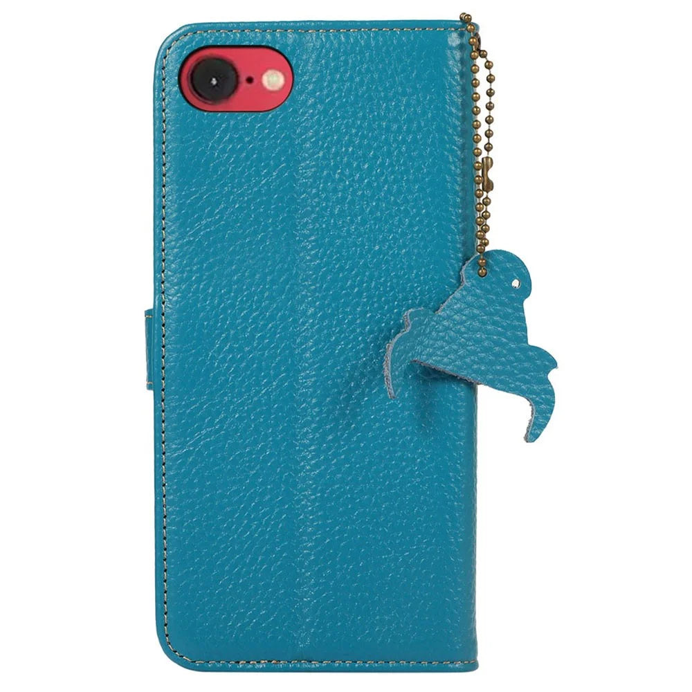 For iPhone 17e / 16e Case RFID Blocking Litchi Texture Genuine Cow Leather Phone Cover - Blue - 7