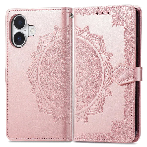 For iPhone 16 Plus Case Mandala Embossed Design Leather Wallet Phone Cover - Rose Gold - 1
