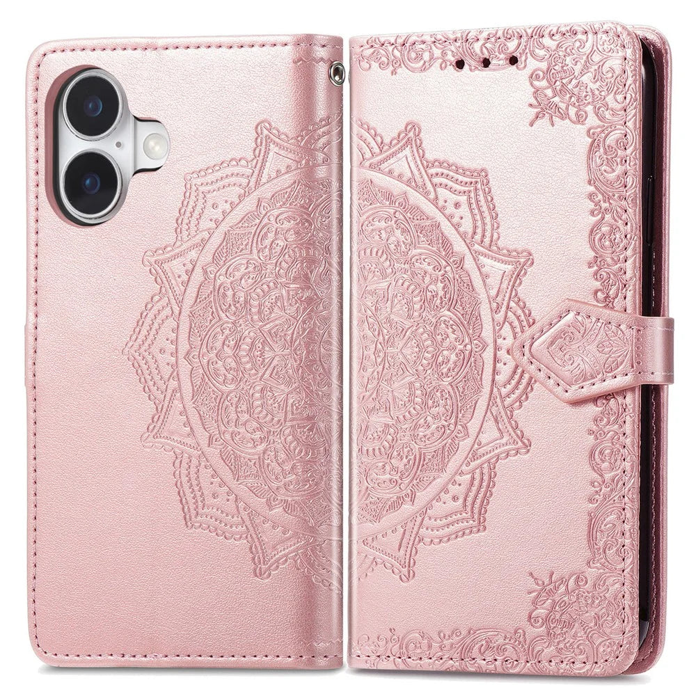 For iPhone 16 Plus Case Mandala Embossed Design Leather Wallet Phone Cover - Rose Gold - 1