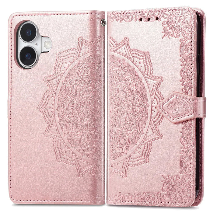 For iPhone 16 Plus Case Mandala Embossed Design Leather Wallet Phone Cover - Rose Gold - 1