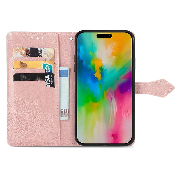 For iPhone 16 Plus Case Mandala Embossed Design Leather Wallet Phone Cover - Rose Gold - 2