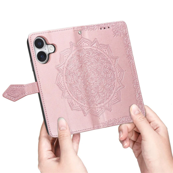 For iPhone 16 Plus Case Mandala Embossed Design Leather Wallet Phone Cover - Rose Gold - 4