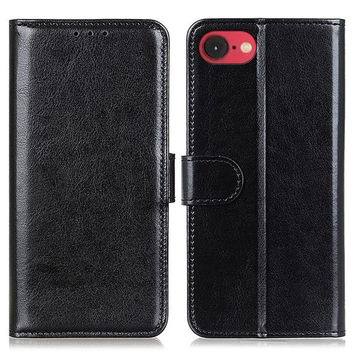 For iPhone 17e / 16e Case Crazy Horse Texture PU Leather Phone Stand Cover - Black - 1