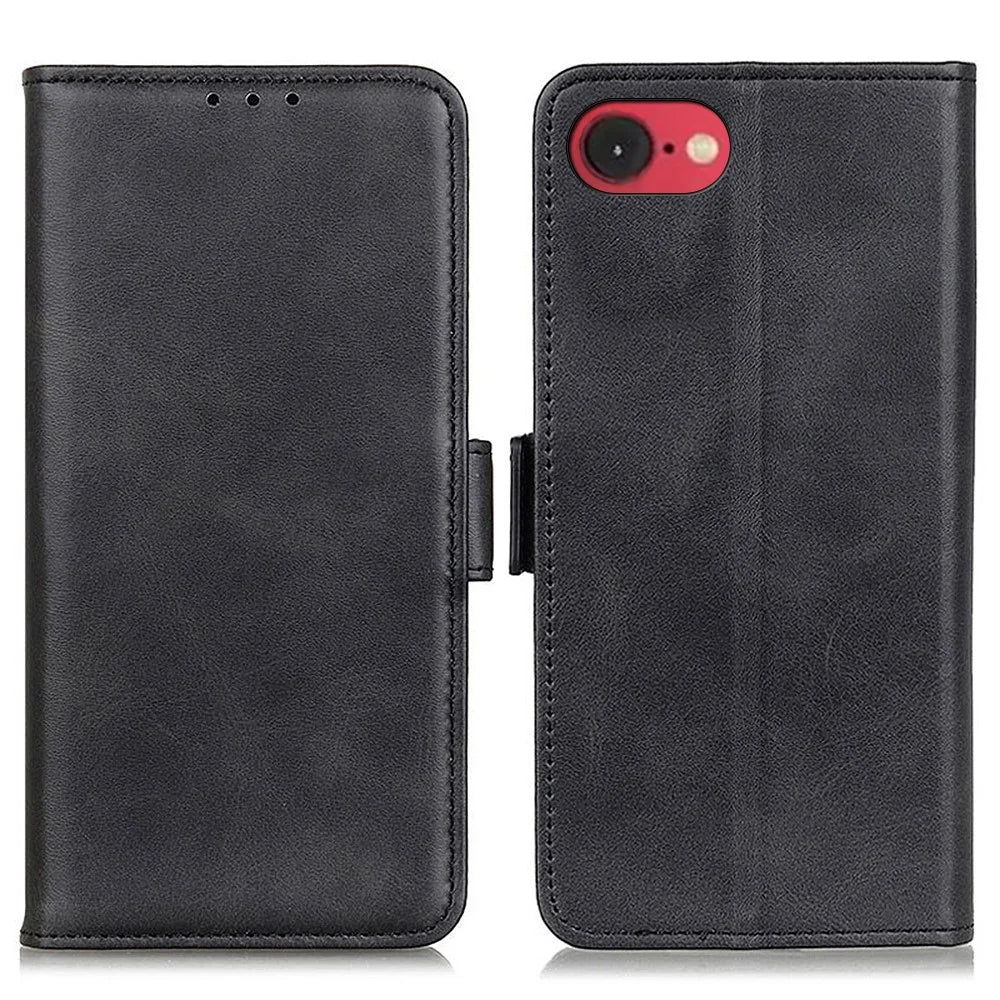 For iPhone 17e / 16e Case Stand Cowhide Texture PU Leather Phone Cover - Black - 1