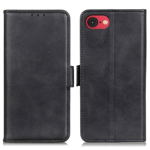 For iPhone 17e / 16e Case Stand Cowhide Texture PU Leather Phone Cover - Black - 1
