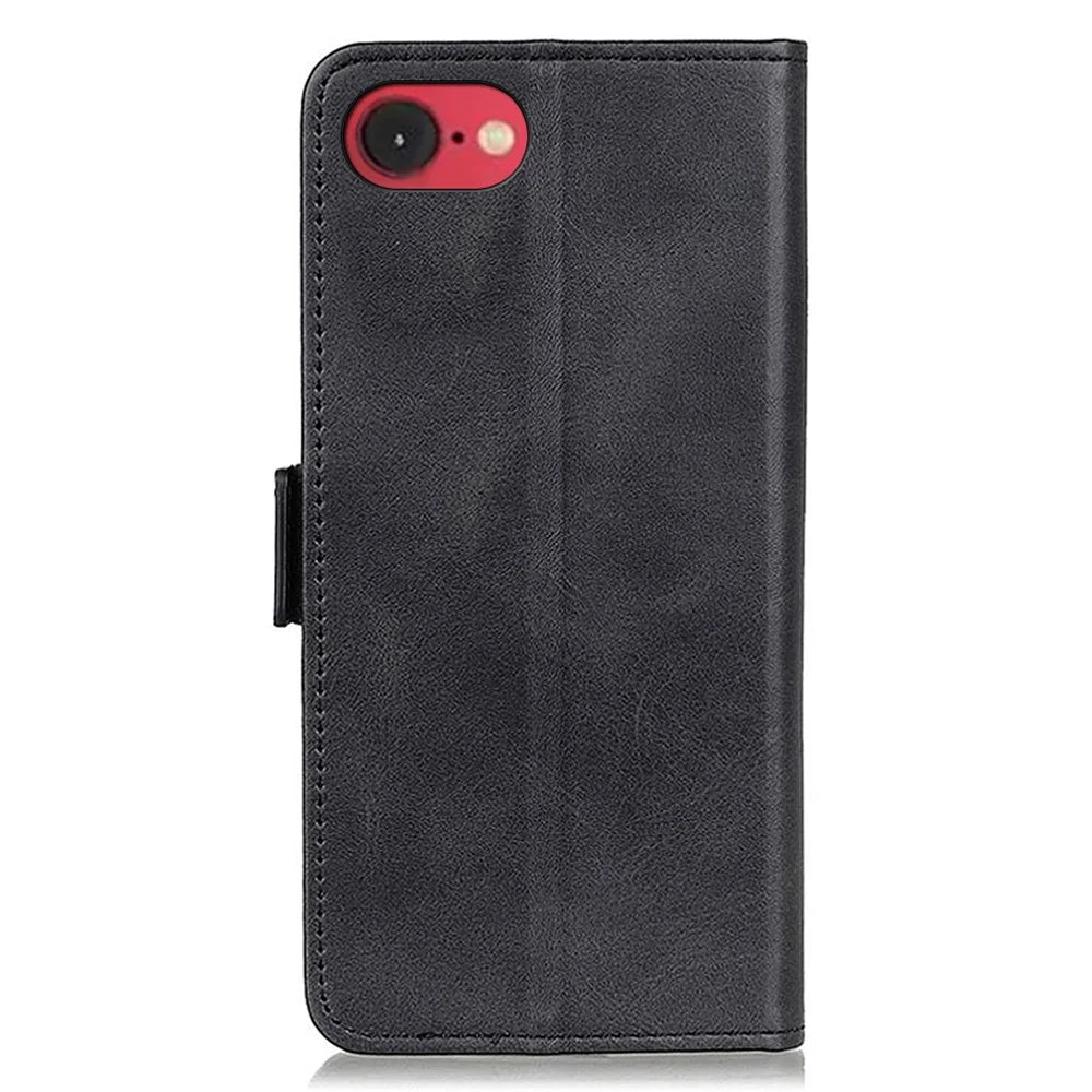 For iPhone 17e / 16e Case Stand Cowhide Texture PU Leather Phone Cover - Black - 6