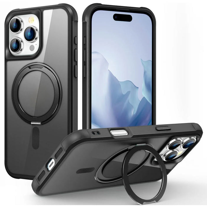 For iPhone 16 Pro Case Compatible with MagSafe Rotatable Ring Kickstand TPU+PC Phone Cover - Black - 1