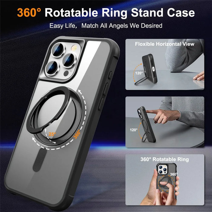 For iPhone 16 Pro Max Case Compatible with MagSafe Rotatable Ring Kickstand TPU+PC Phone Cover - Black - 2