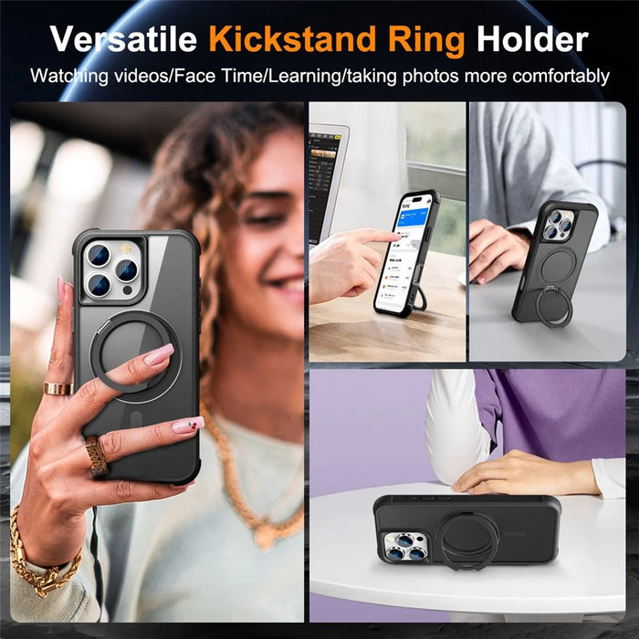 For iPhone 16 Pro Max Case Compatible with MagSafe Rotatable Ring Kickstand TPU+PC Phone Cover - Black - 4