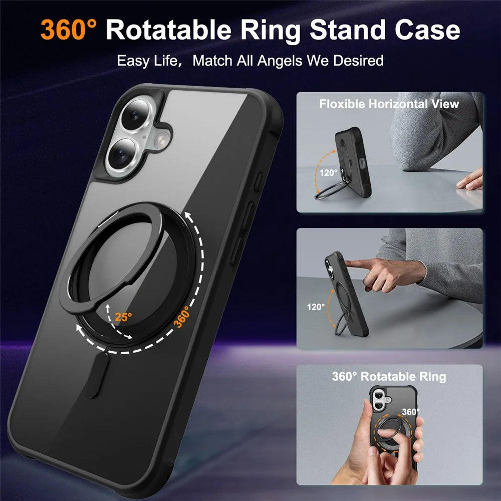 For iPhone 16 Case Compatible with MagSafe Rotatable Ring Kickstand TPU+PC Phone Cover - Black - 2