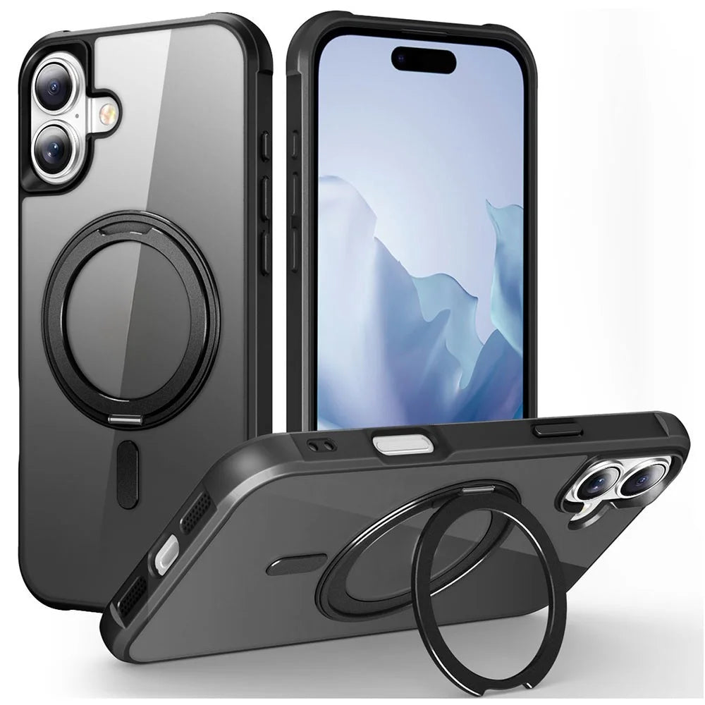 For iPhone 16 Plus Case Compatible with MagSafe Rotatable Ring Kickstand TPU+PC Phone Cover - Black - 1