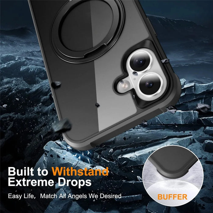 For iPhone 16 Plus Case Compatible with MagSafe Rotatable Ring Kickstand TPU+PC Phone Cover - Black - 6