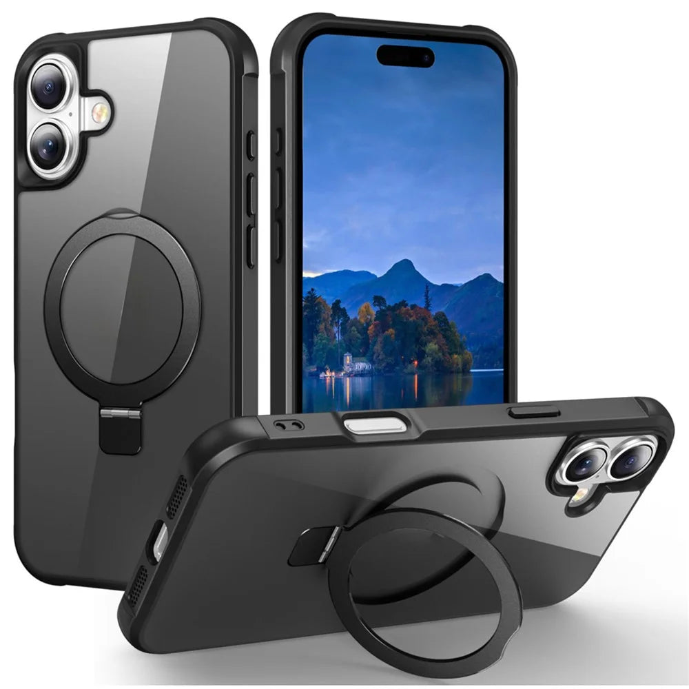 For iPhone 16 Case Compatible with MagSafe Ring Holder Kickstand TPU+PC Phone Cover - Black - 1