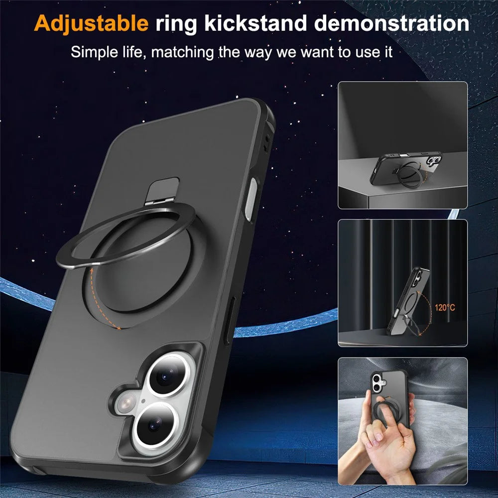 For iPhone 16 Case Compatible with MagSafe Ring Holder Kickstand TPU+PC Phone Cover - Black - 2