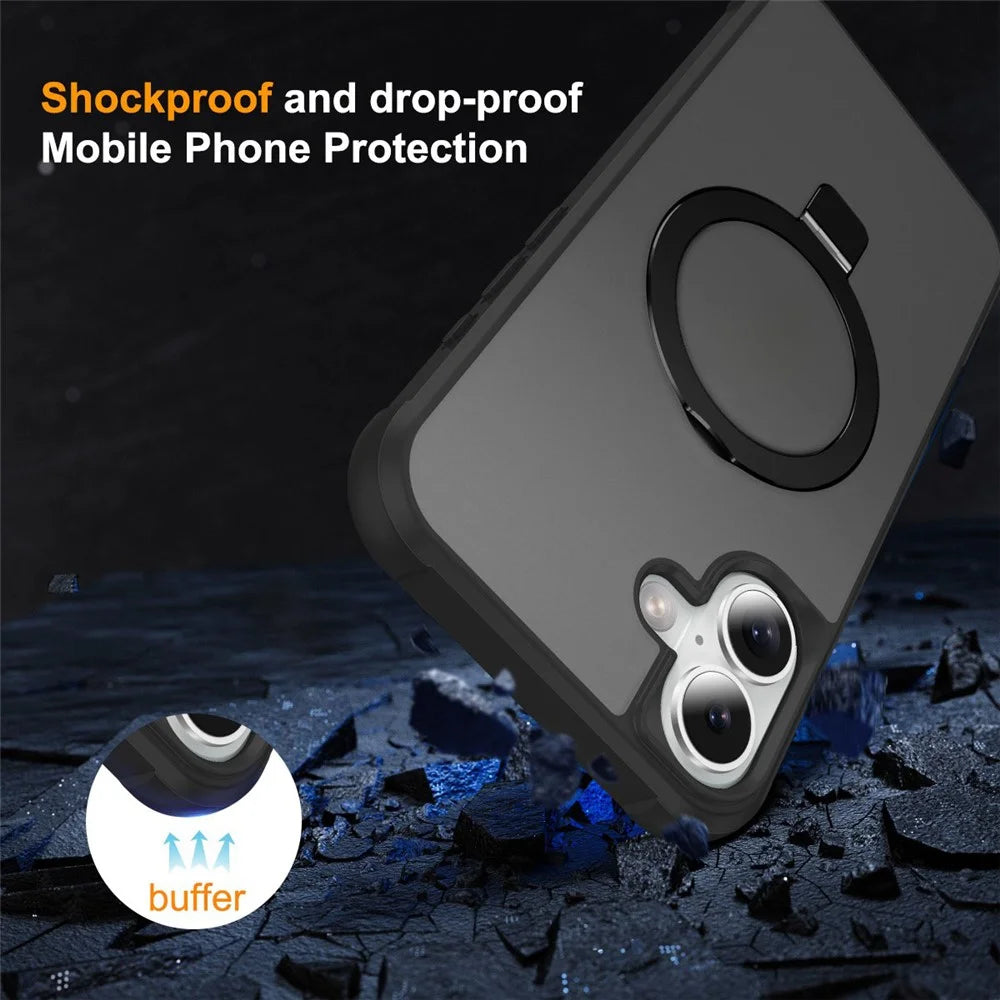For iPhone 16 Case Compatible with MagSafe Ring Holder Kickstand TPU+PC Phone Cover - Black - 7