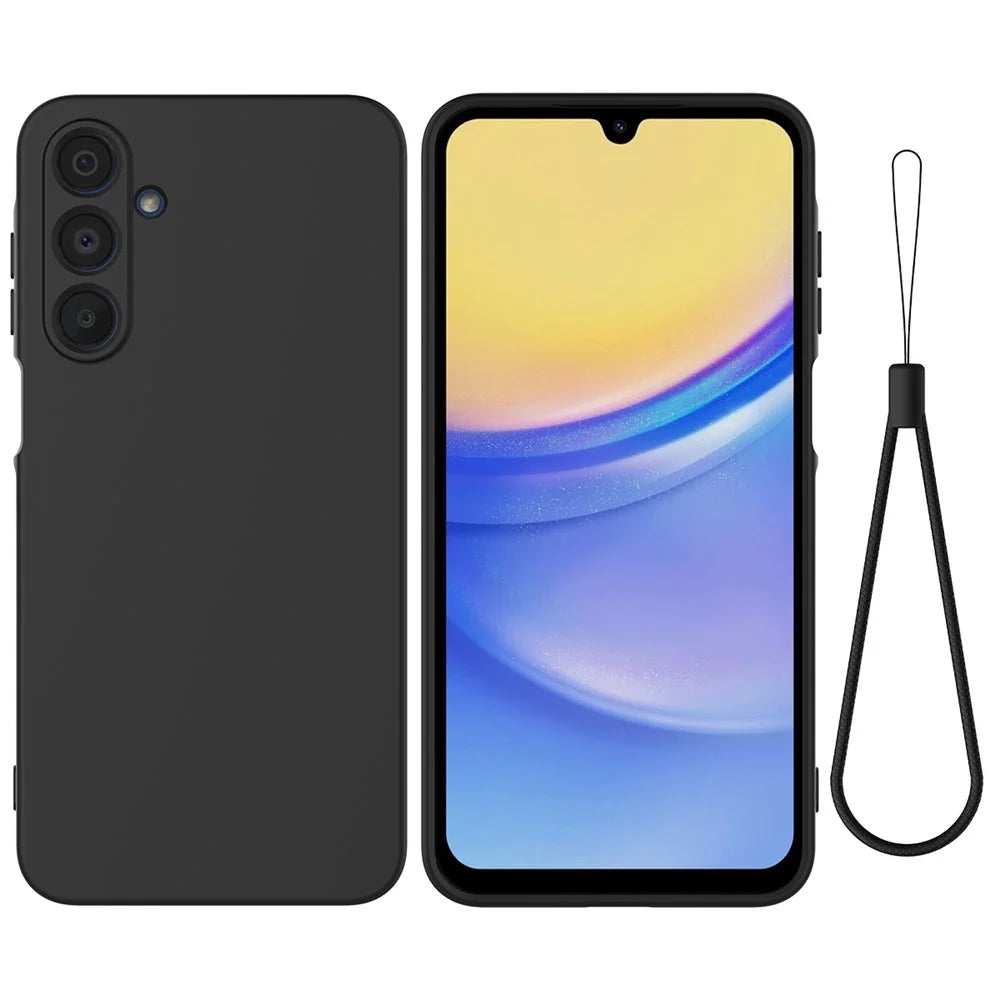 For Samsung Galaxy A16 5G / A16 4G Case Liquid Silicone Anti-Scratch Phone Cover with Hand Strap - Black - 1