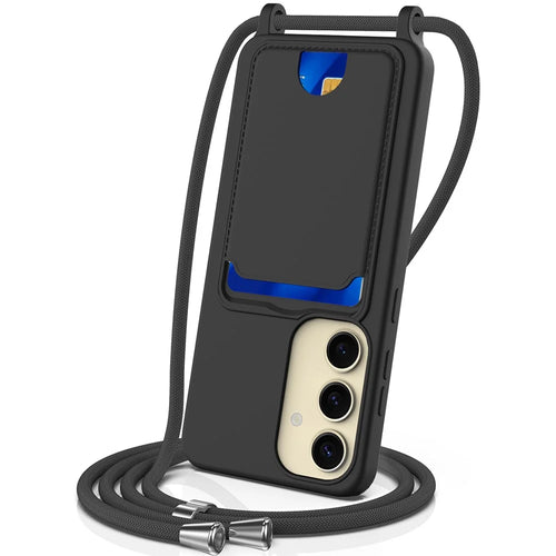 For Samsung Galaxy S23 FE Case Liquid Silicone Card Holder Phone Back Cover with Lanyard - Black - 1