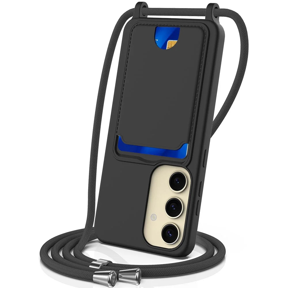 For Samsung Galaxy S23 FE Case Liquid Silicone Card Holder Phone Back Cover with Lanyard - Black - 1