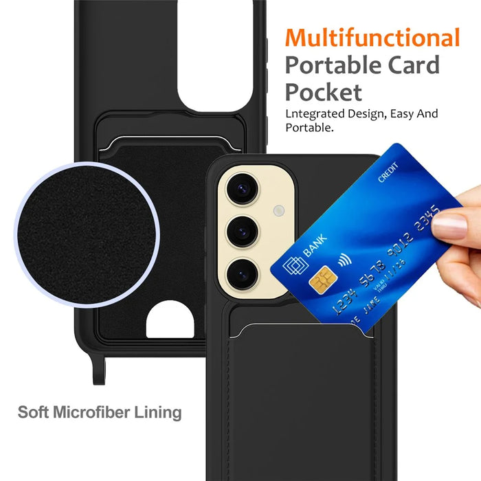 For Samsung Galaxy S23 FE Case Liquid Silicone Card Holder Phone Back Cover with Lanyard - Black - 5
