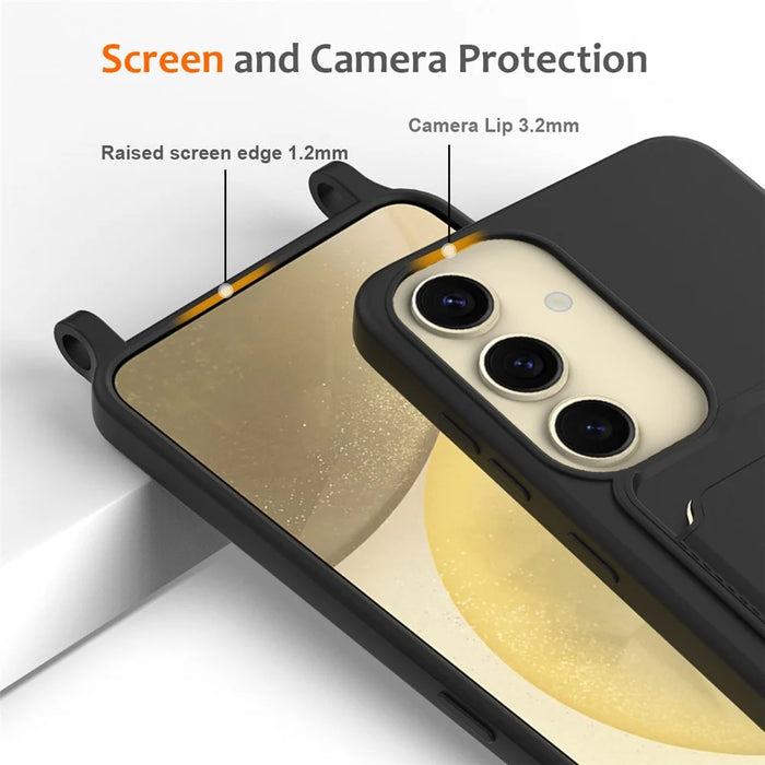 For Samsung Galaxy S23 FE Case Liquid Silicone Card Holder Phone Back Cover with Lanyard - Black - 6