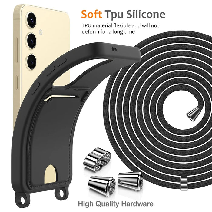 For Samsung Galaxy S23 FE Case Liquid Silicone Card Holder Phone Back Cover with Lanyard - Black - 7