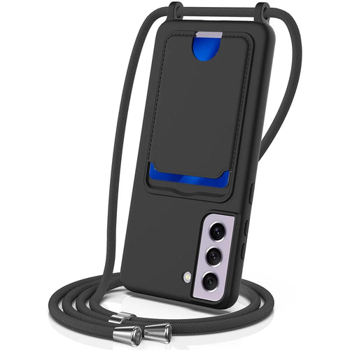 For Samsung Galaxy S21 FE 5G Case Liquid Silicone Card Holder Phone Back Cover with Lanyard - Black - 1