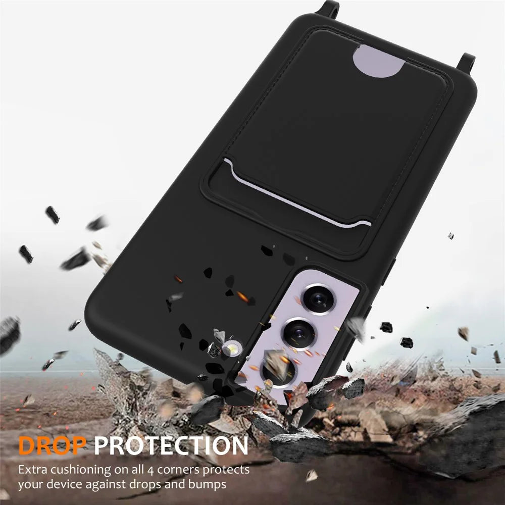 For Samsung Galaxy S21 FE 5G Case Liquid Silicone Card Holder Phone Back Cover with Lanyard - Black - 3