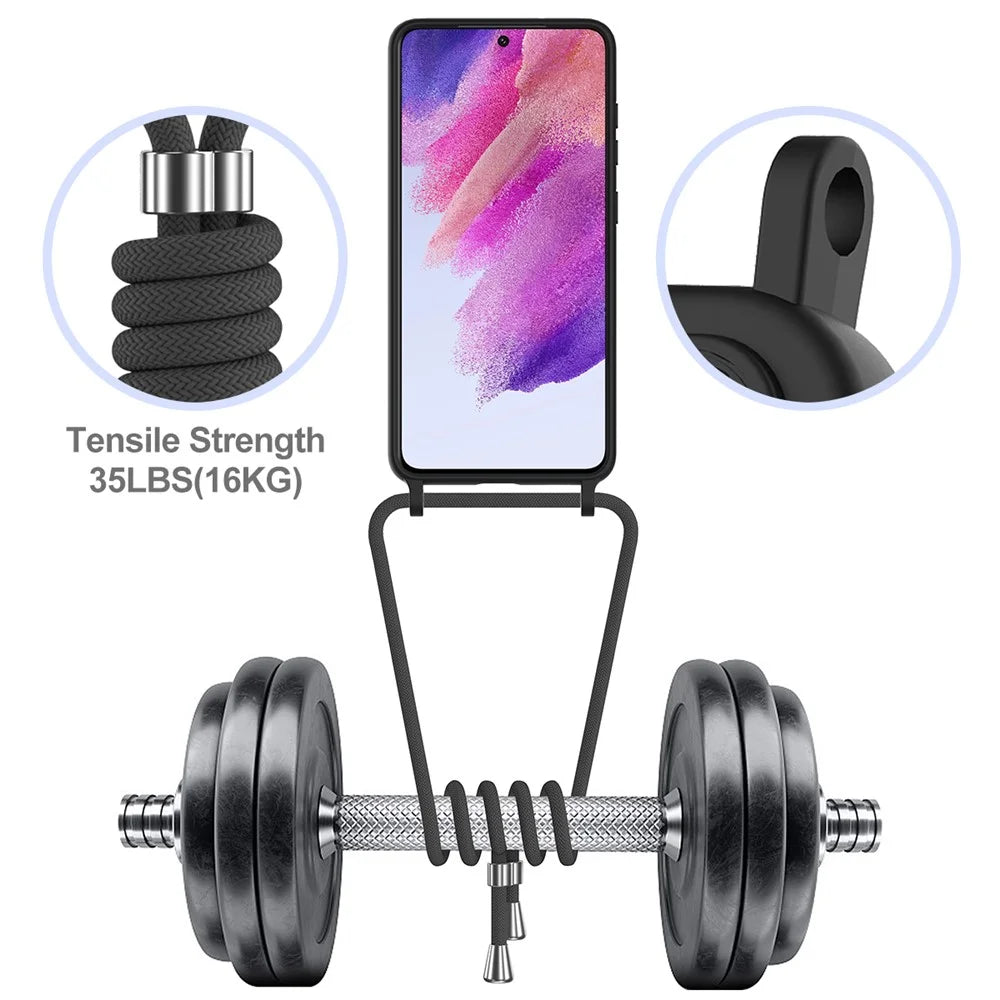 For Samsung Galaxy S21 FE 5G Case Liquid Silicone Card Holder Phone Back Cover with Lanyard - Black - 4