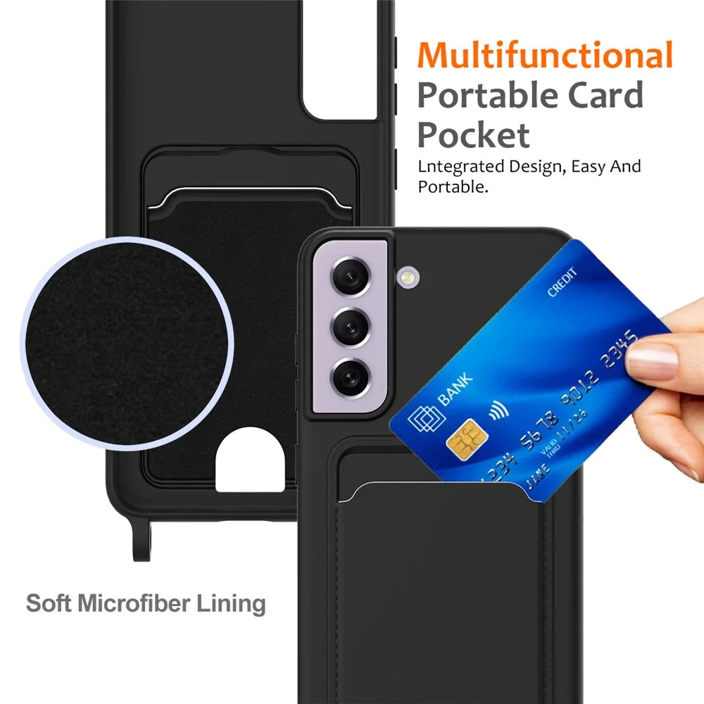 For Samsung Galaxy S21 FE 5G Case Liquid Silicone Card Holder Phone Back Cover with Lanyard - Black - 5