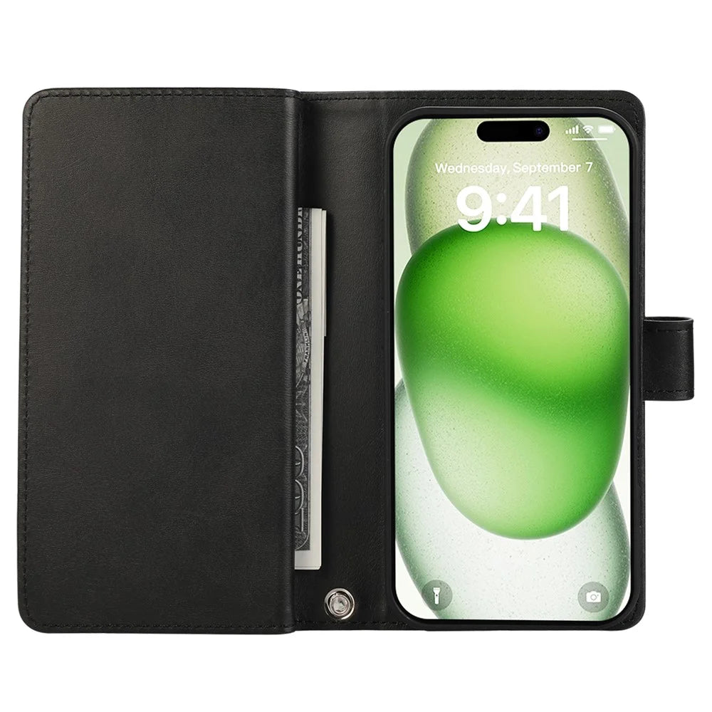 For iPhone 16 Case Split Leather Magnetic Wallet Phone Protector with Wrist Strap - Black - 2