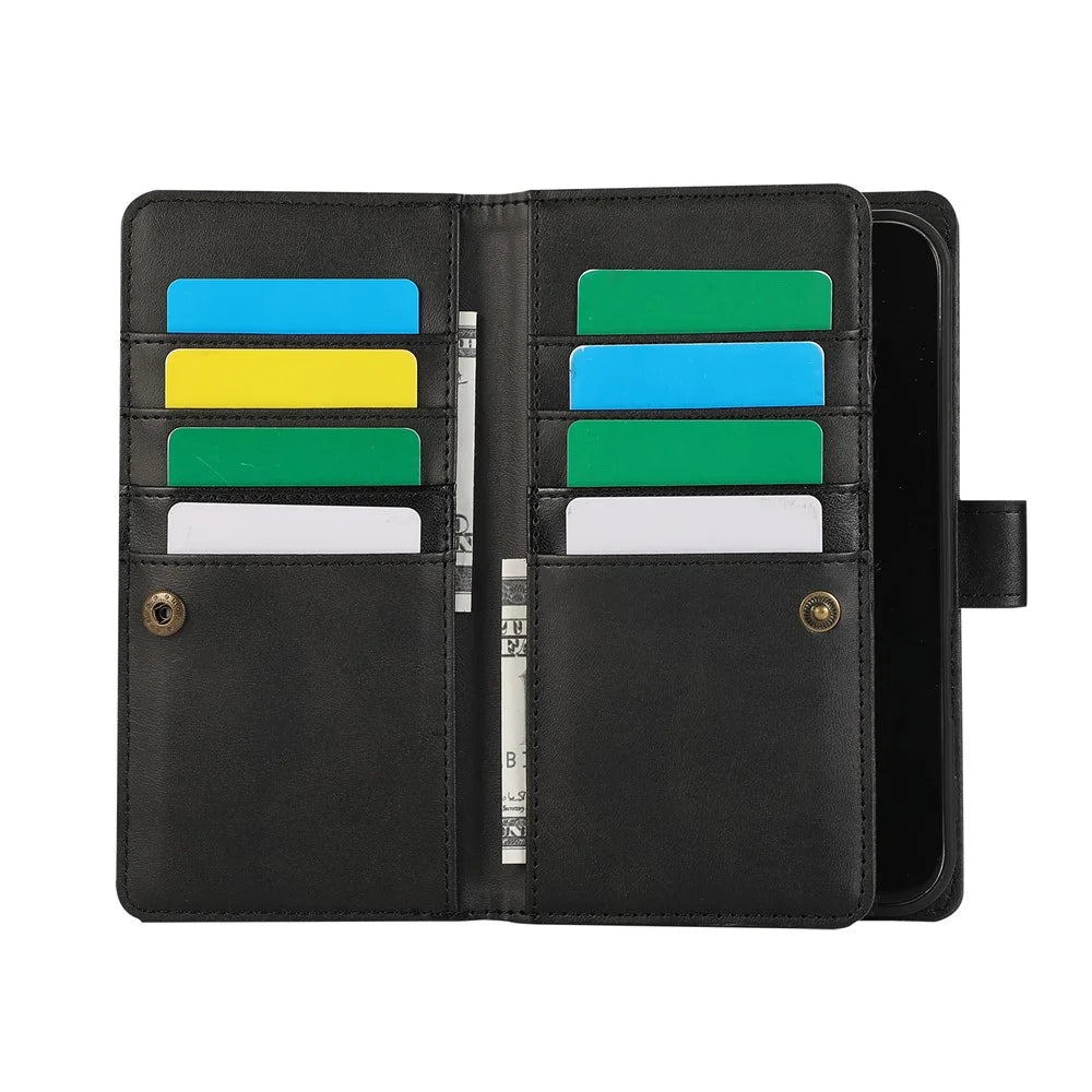 For iPhone 16 Case Split Leather Magnetic Wallet Phone Protector with Wrist Strap - Black - 3