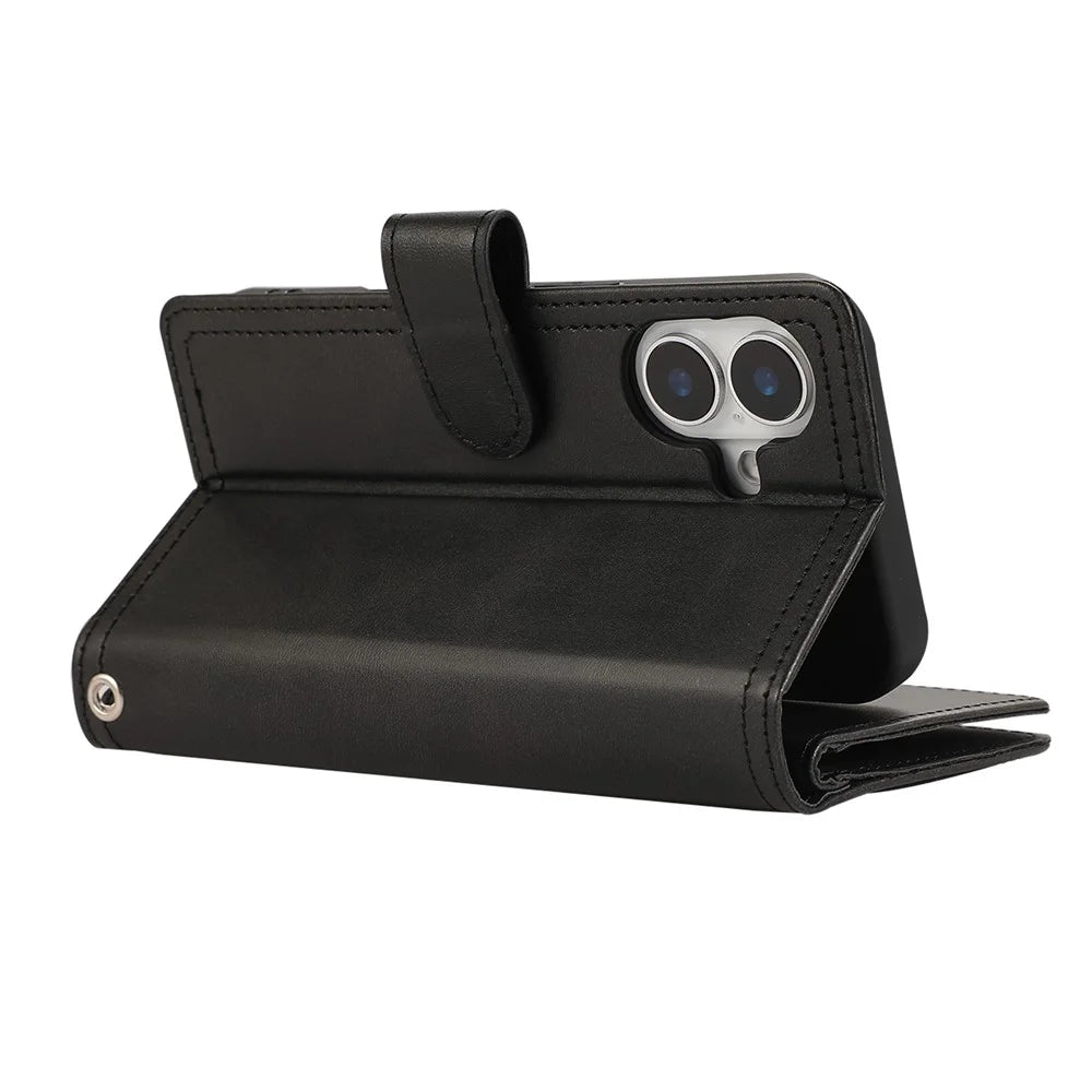 For iPhone 16 Case Split Leather Magnetic Wallet Phone Protector with Wrist Strap - Black - 4
