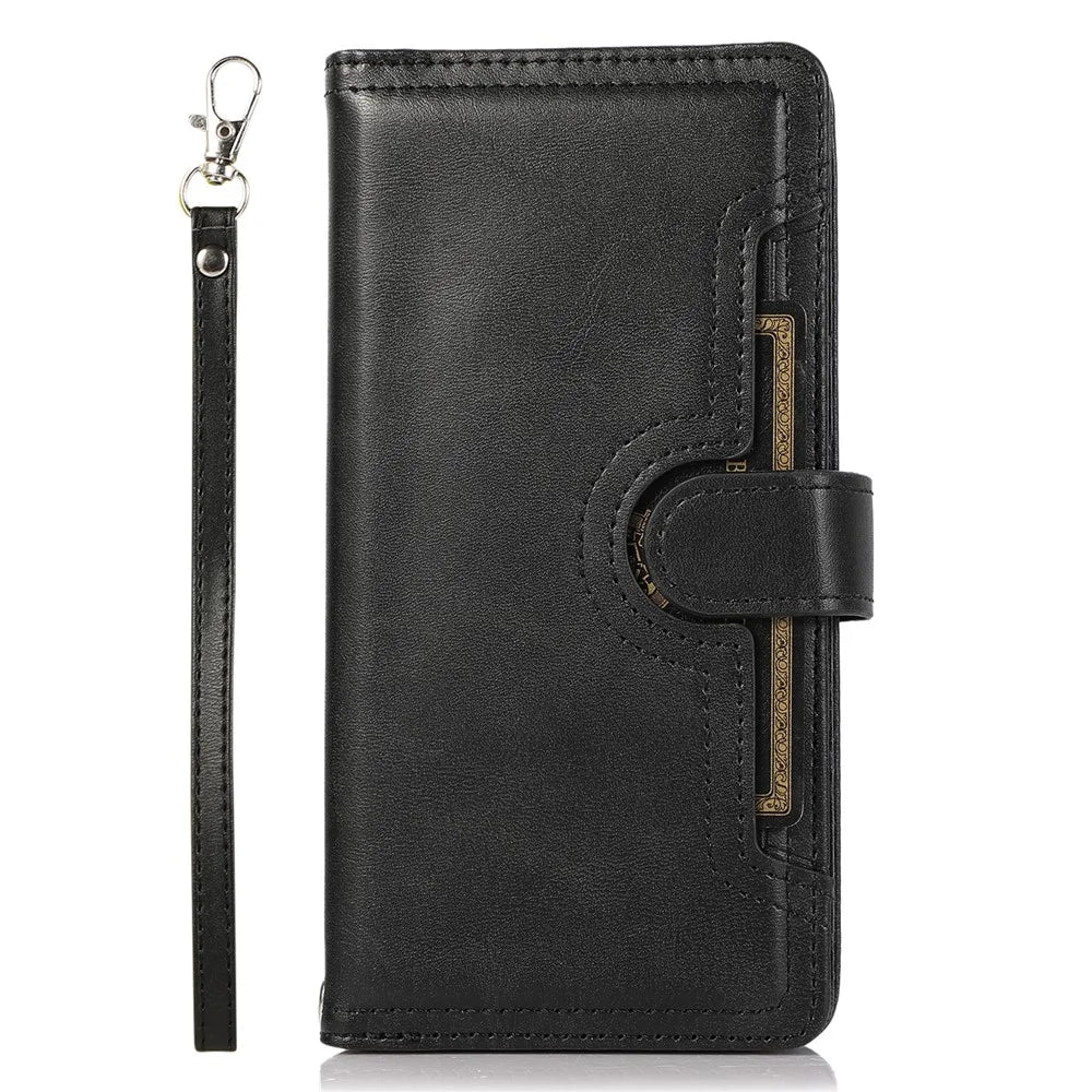 For iPhone 16 Case Split Leather Magnetic Wallet Phone Protector with Wrist Strap - Black - 5