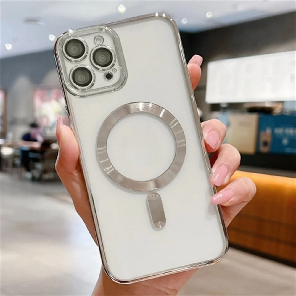 For iPhone 16 Pro Max Case Electroplating TPU Phone Cover Compatible with MagSafe - Silver - 1