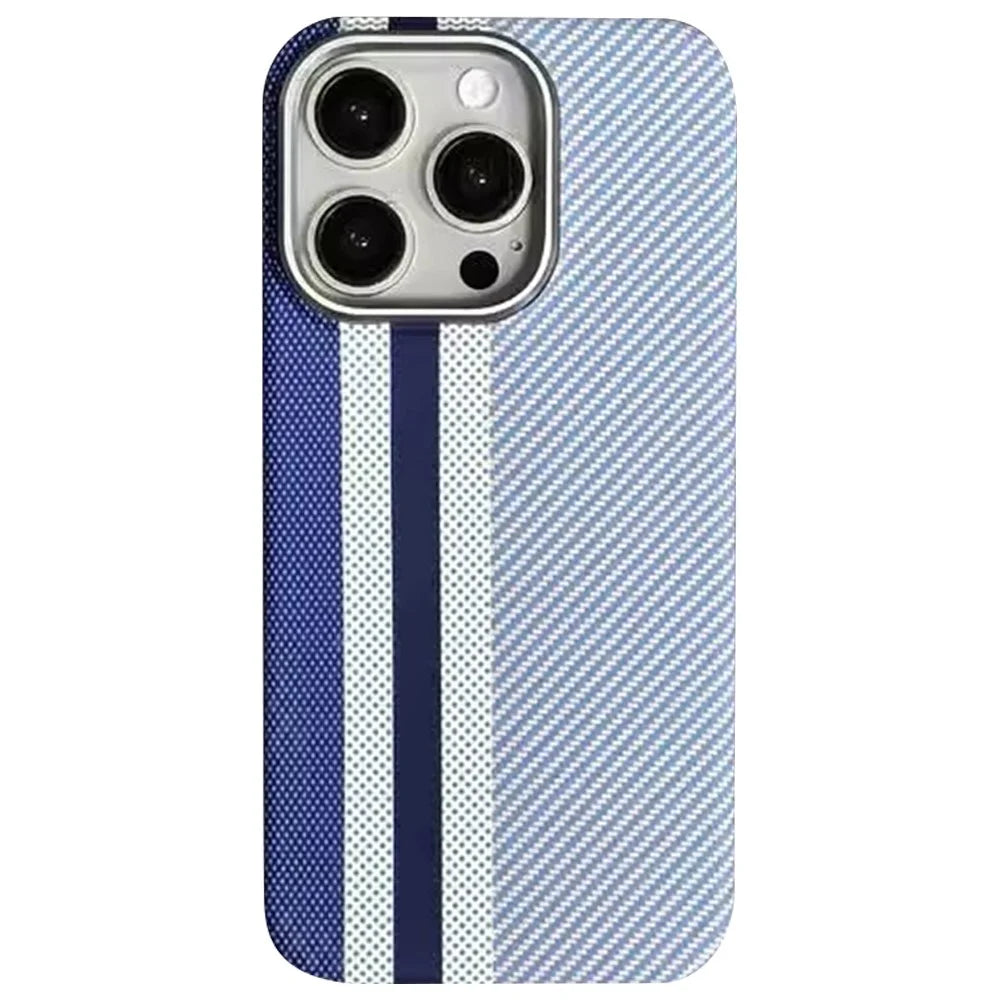 For iPhone 15 Pro Case Compatible with MagSafe Carbon Fiber Texture PC Phone Cover - Baby Blue Vertical Stripes - 1