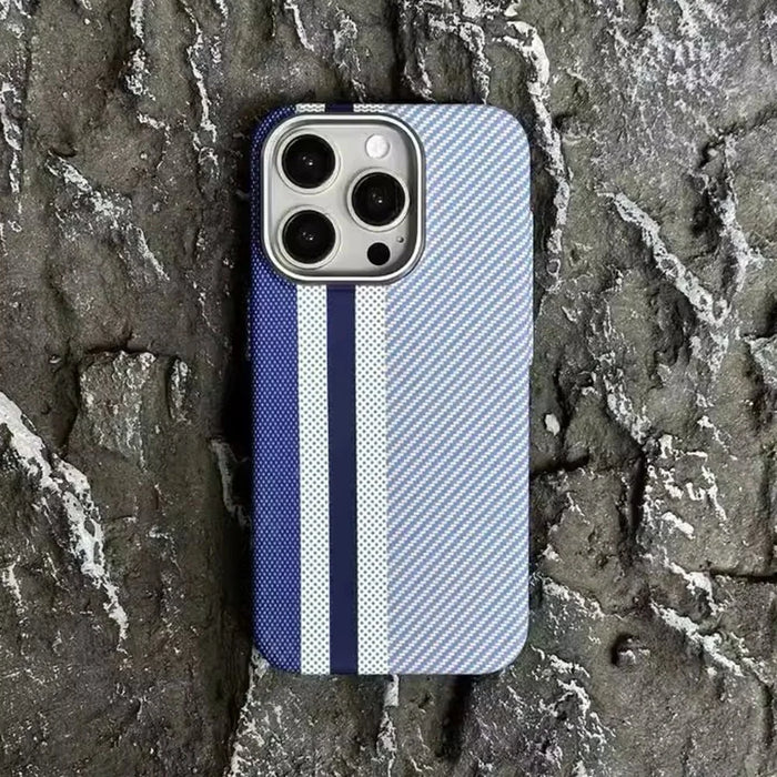 For iPhone 15 Pro Case Compatible with MagSafe Carbon Fiber Texture PC Phone Cover - Baby Blue Vertical Stripes - 2