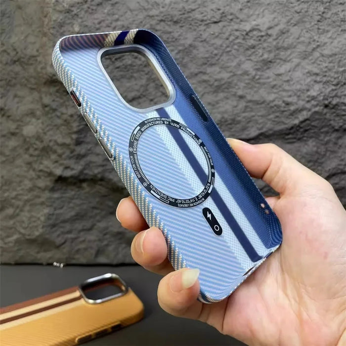 For iPhone 15 Pro Case Compatible with MagSafe Carbon Fiber Texture PC Phone Cover - Baby Blue Vertical Stripes - 3