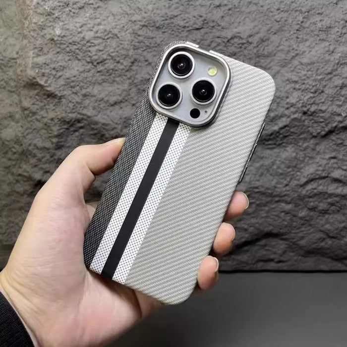 For iPhone 15 Pro Case Compatible with MagSafe Carbon Fiber Texture PC Phone Cover - Baby Blue Vertical Stripes - 4