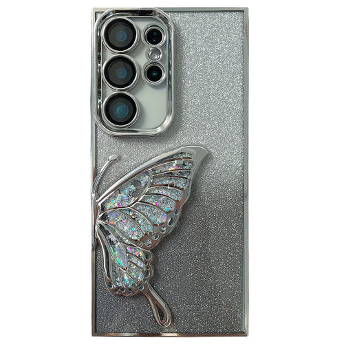 For Samsung Galaxy S24 Ultra Case Quicksand Butterfly TPU Phone Cover with Glass Lens Film - Silver - 1