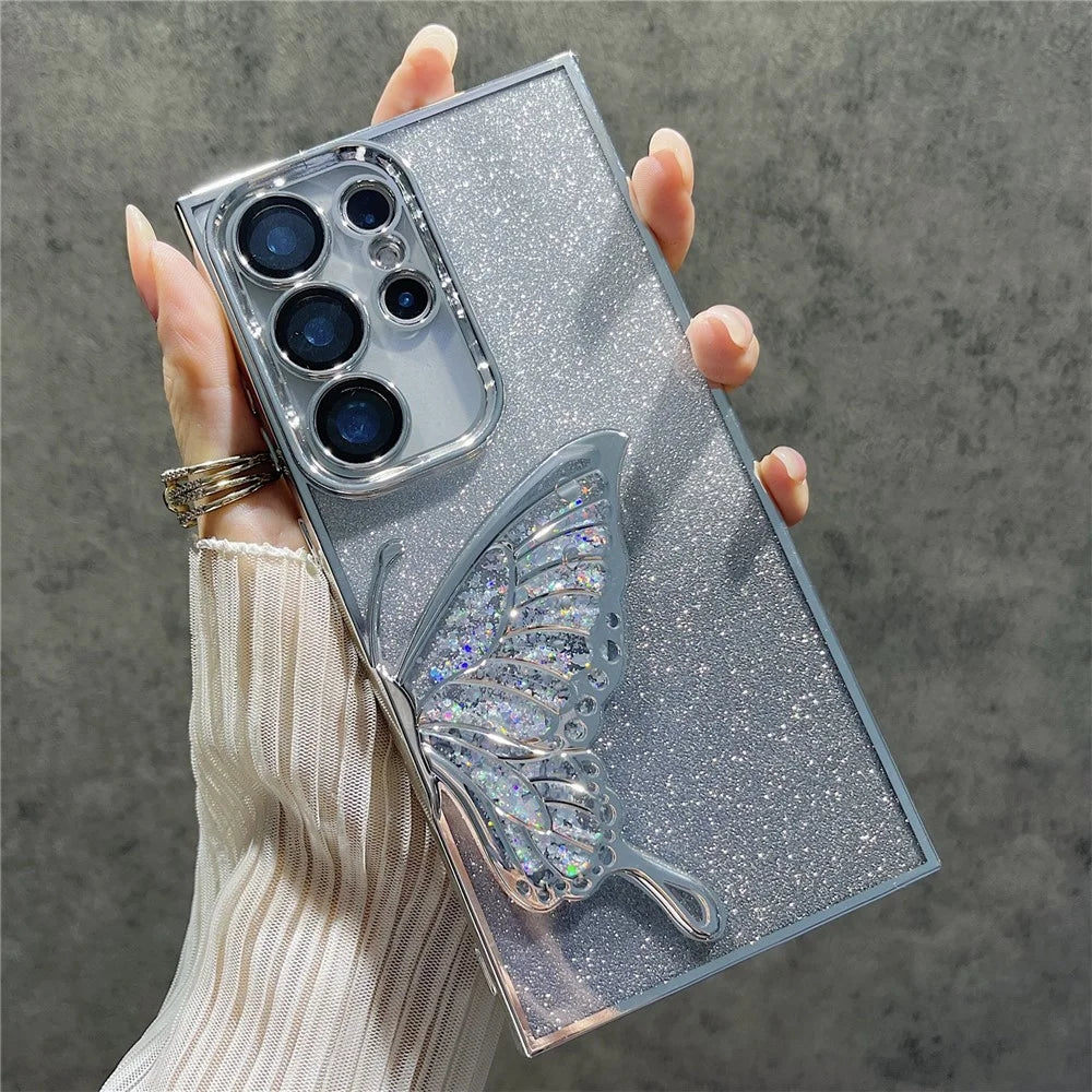 For Samsung Galaxy S24 Ultra Case Quicksand Butterfly TPU Phone Cover with Glass Lens Film - Silver - 2