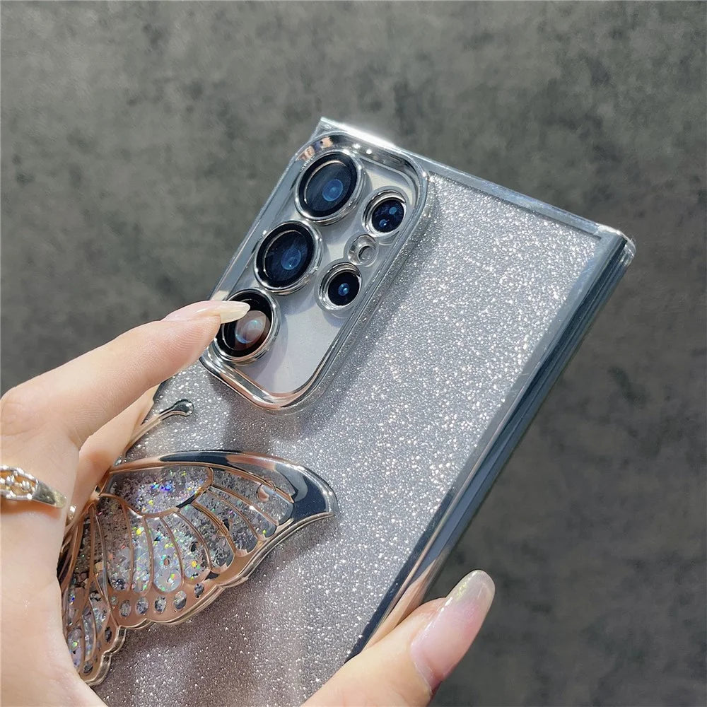 For Samsung Galaxy S24 Ultra Case Quicksand Butterfly TPU Phone Cover with Glass Lens Film - Silver - 3
